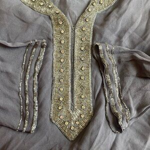 Vintage Tunic Top Silk Beaded Lined Grey Blue size M Holiday New Year Boho